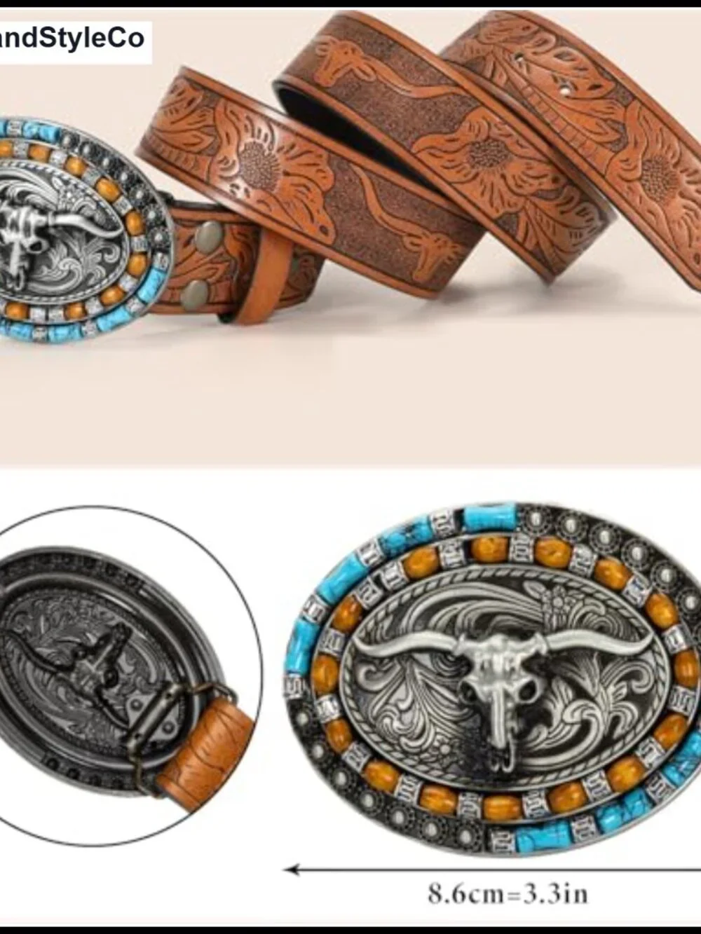 Faux Leather Oval Buckle Western Belt with Longhorn Detail